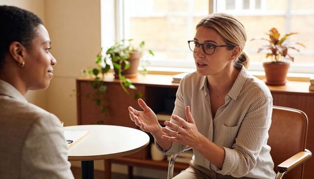Woman consulting client in bright office gesturing during coaching conversation with notepad