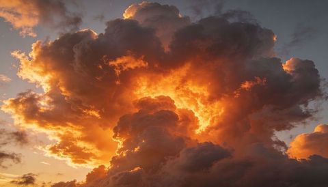 Towering sunlit cumulonimbus cloud at sunset with fiery orange glow and dramatic contrast