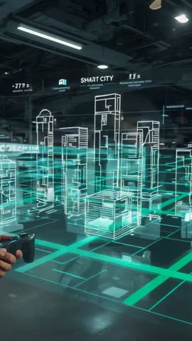 Technician controlling joystick projecting holographic smart city model in IT lab