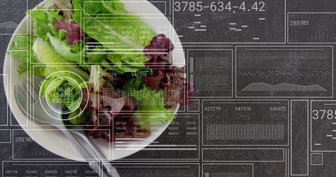 Serving fresh mixed salad with futuristic data overlay on slate surface