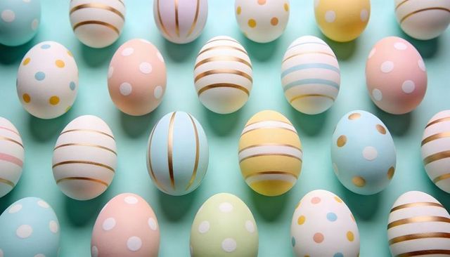 Pastel Easter eggs with metallic gold stripes and polka dots on mint flat lay background