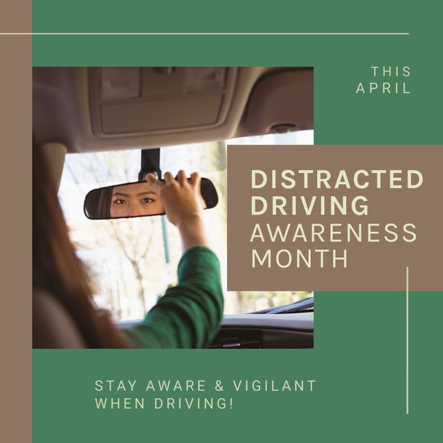 Distracted Driving Awareness Month Poster with Woman in Rearview Mirror - Download Free Stock Templates Pikwizard.com