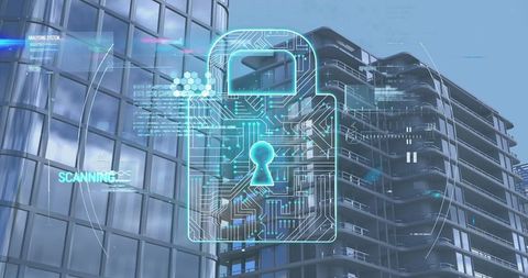 Digital Security Concept with Padlock and Modern Office Buildings