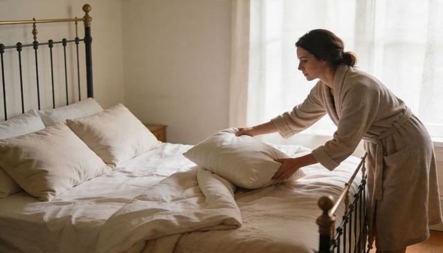 Woman Making Bed in Sunlit Minimalist Bedroom Wearing Beige Robe Arranging Pillows Duvet