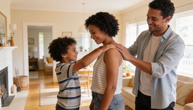 Parents supporting child reaching up in sunlit cozy living room, smiling family moment for home life