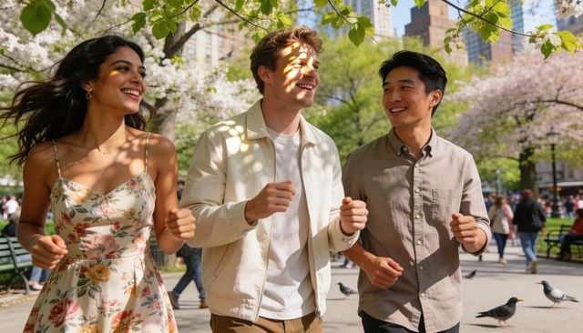 Friends strolling under cherry blossoms in urban park smiling in sunny spring