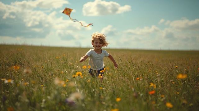 Child running through wildflower meadow chasing colorful kite under breezy summer sky