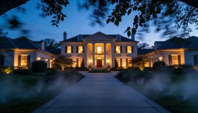 Grand neoclassical mansion at twilight with illuminated portico and mist-lined driveway