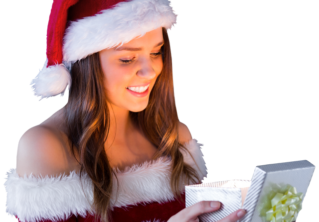 Smiling Young Woman in Santa Hat Opening Christmas Gift on Transparent Background - Download Free Stock Videos Pikwizard.com