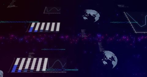 Neon cosmic data dashboard with holographic globe, bar charts and waveform panels