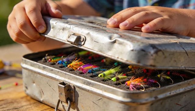 Angler opening vintage fly box revealing colorful hand-tied fishing flies in foam tray