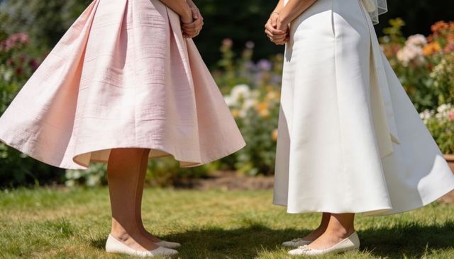 Bride and maid of honor holding hands in sunlit garden wedding wearing elegant dresses