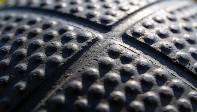 Macro pebbled rubber texture with x-shaped seams, worn tactile details, dust and shallow scratches
