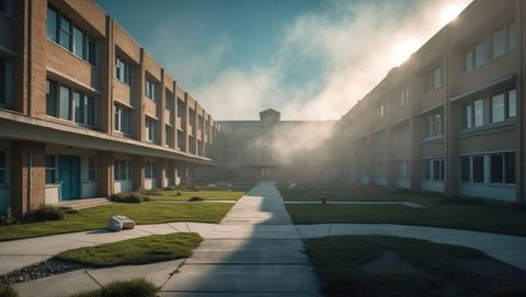 Serene courtyard filled with morning mist and symmetrical architecture