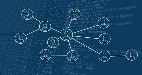 Central hub network connecting user nodes on blue cyber code background for social connectivity