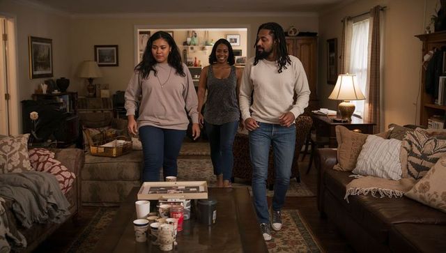 Three adults walking through cozy living room carrying conversation casual home lifestyle
