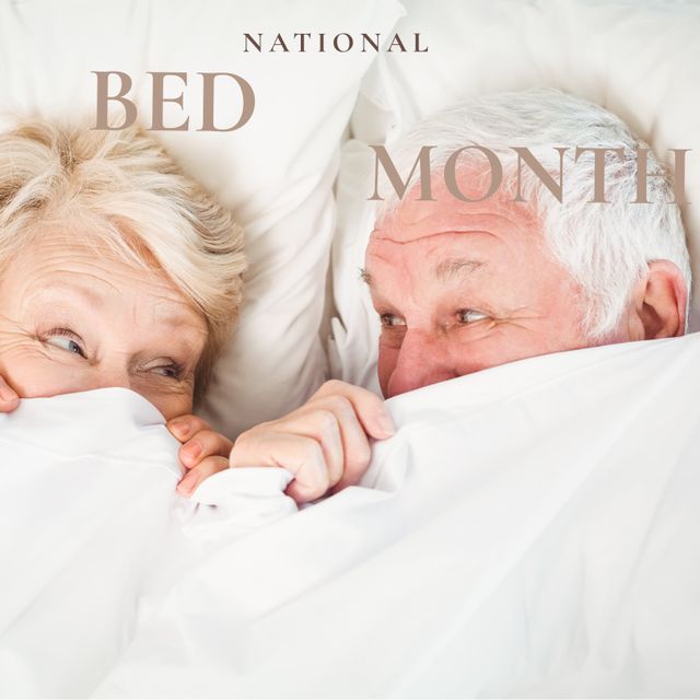 Perfect for campaigns about senior lifestyle, National Bed Month promotions, and advertising related to bedding and sleep products. It expresses themes of comfort, warmth, and affection suitable for articles, blogs, or magazine features focusing on senior relationships and health benefits of good rest.