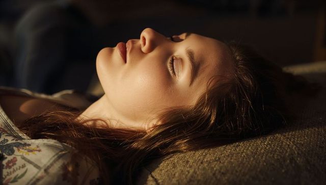 Young woman resting in golden sunlight on sofa, serene close-up portrait with warm tones