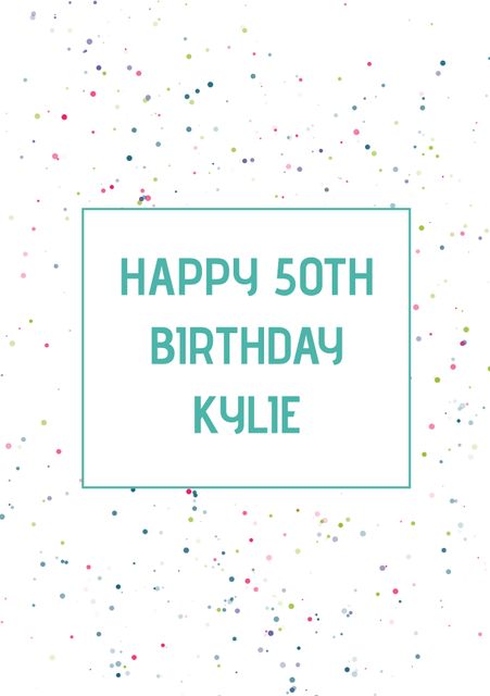 Ideal for celebrating a 50th birthday, this design features a cheerful greeting with colorful confetti dots and blue text. Perfect for birthday cards, party invitations, social media posts, and event decoration.