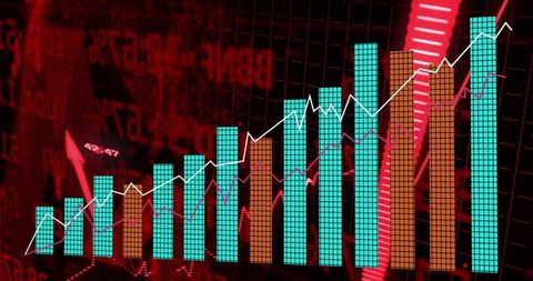 Digital market dashboard showing rising bars teal white line red arrow magenta line