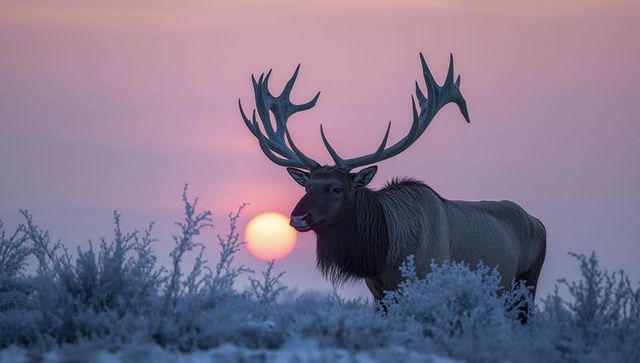 Bull elk standing in frosty shrubland at pink sunrise with dramatic branched antlers