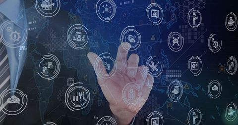 Executive tapping holographic interface selecting cloud security data icons over world map