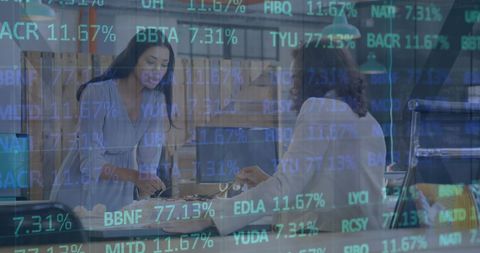 Business Meeting in Office with Financial Data Overlay