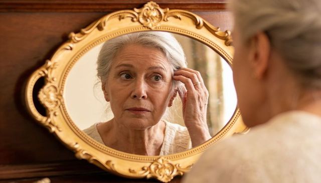 Senior woman reflecting at ornate gilt vanity mirror, thoughtful portrait of aging