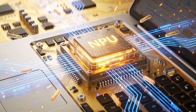 Glowing npu accelerator on laptop motherboard with golden pcb and high-speed data flow