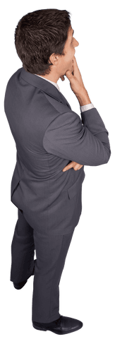 Transparent Thinking Businessman in Gray Suit Touching Chin