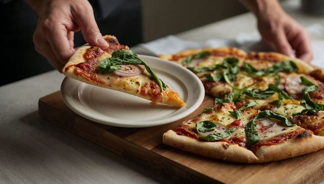 Hand placing hot basil pizza slice onto white plate beside wooden cutting board