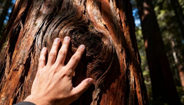 Hand touching textured tree burl on ancient conifer trunk closeup in mature forest