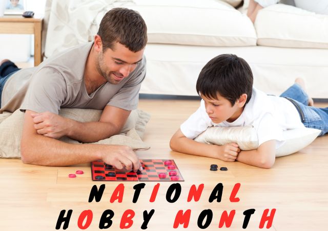 Digital composite image of father and son playing board game with national hobby month text at home. family, games and togetherness.