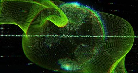 Wireframe globe with neon glitches and digital patterns