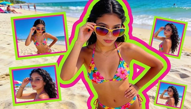 Beach model posing in colorful floral bikini and sunglasses with neon collage frames, turquoise ocea