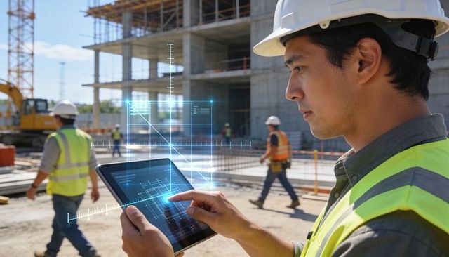 Asian construction engineer tapping digital blueprints on tablet at urban building site