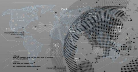 Dotted 3D Globe Visualizing Global Data Streams with Holographic Map and Network Alerts
