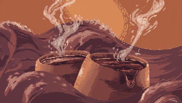 Steaming chipped ceramic cups on retro pixel sunset dunes