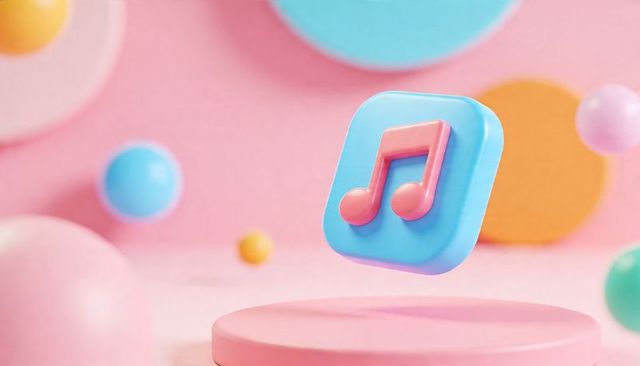 Floating 3d music app icon hovering above pastel pedestal with glossy gradient mockup