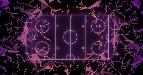 Neon top-down ice hockey rink floating in digital space with glowing purple network
