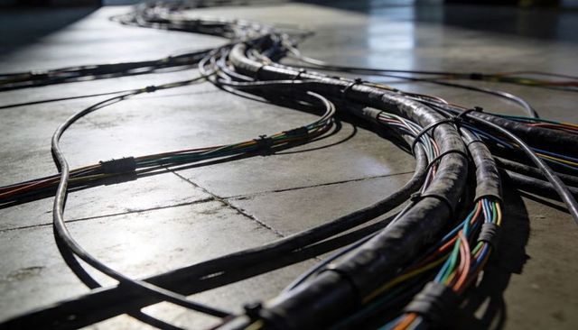 Thick industrial cables snaking across concrete floor with exposed colorful conductors