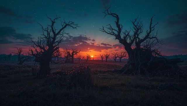 Mystical sunset behind gnarled dead trees on quiet plain