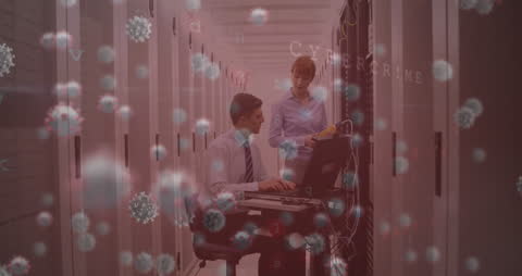IT Professionals in Server Room with Floating Virus Cells