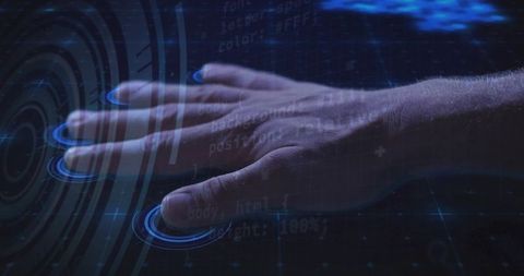 Hand interacting with futuristic holographic interface