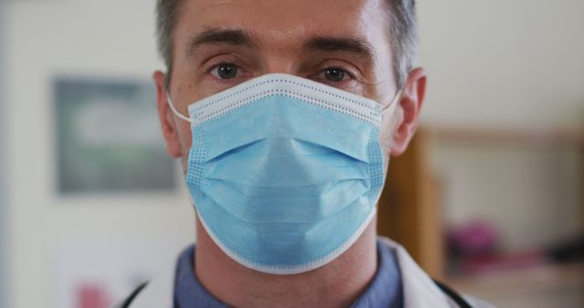 Male healthcare worker wearing a protective face mask, staring at the camera. Useful for promoting health care safety, COVID-19 awareness, medical practices, and protective equipment. This can be used in newsletters, health articles, and medical service advertisements.