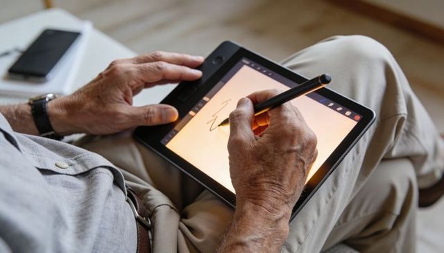 Senior man sketching on tablet with stylus, creative digital drawing for older adults