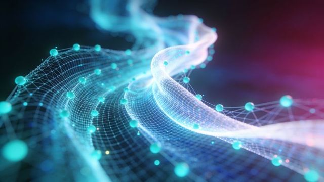 Flowing neon data ribbon twisting through 3d mesh with glowing nodes for futuristic tech