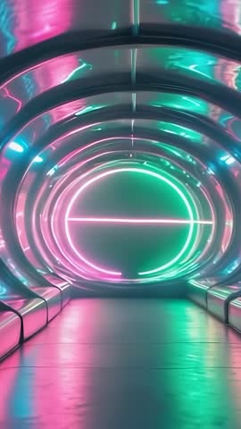 Opening Vertical Video Showing Futuristic Neon Tunnel with LED Arches and Benches