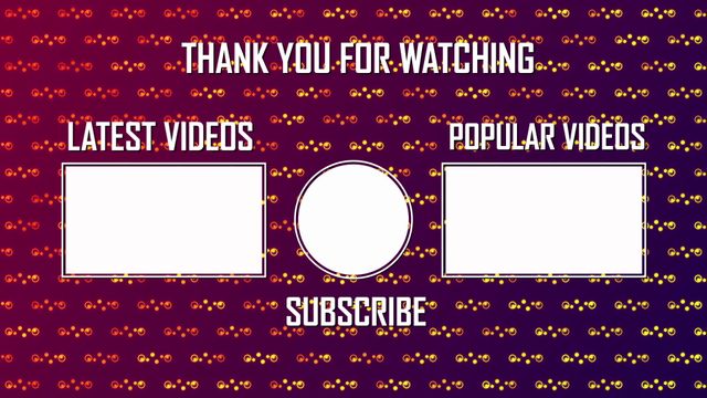 Eye-catching end screen design with space for latest and popular video links, and call to action to subscribe. Makes a great closing for YouTube videos, engaging audiences and encouraging further watching.