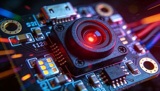 Macro camera lens module on pcb with red led glow for electronics testing and inspection